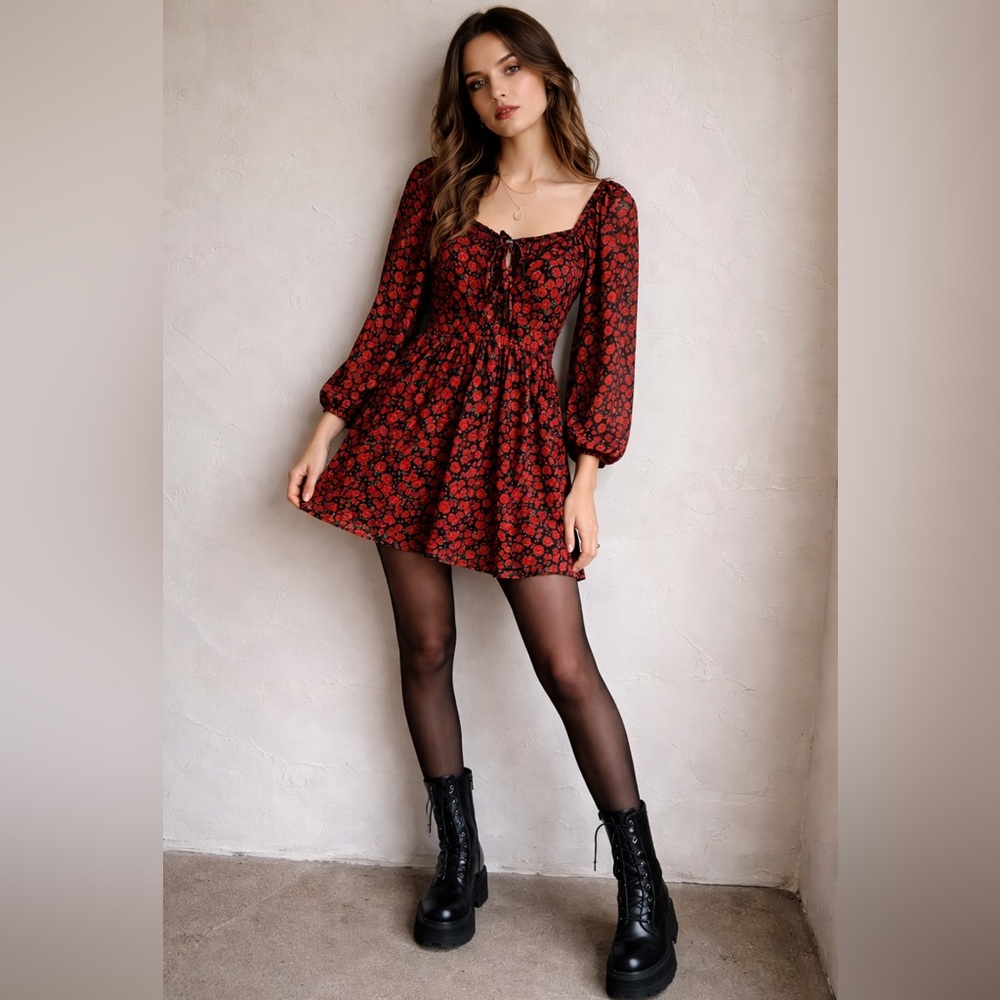 Nasty Gal Red Rose Mini Dress Dark‎ Academia Goth Dark Romantic Goth Y2K Sz 12